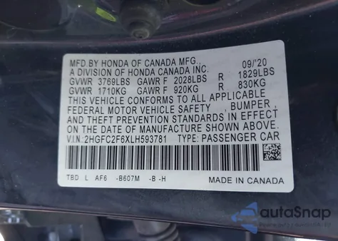 2020 Honda Civic Lx from USA, damaged, VIN 2HGFC2F6XLH593781